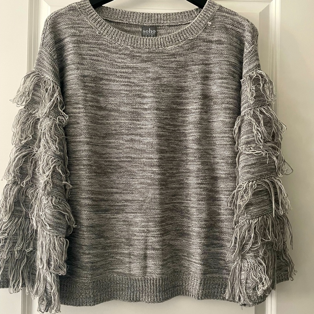 DONATED*** Fringe Heathered Bell Sleeve Sweater